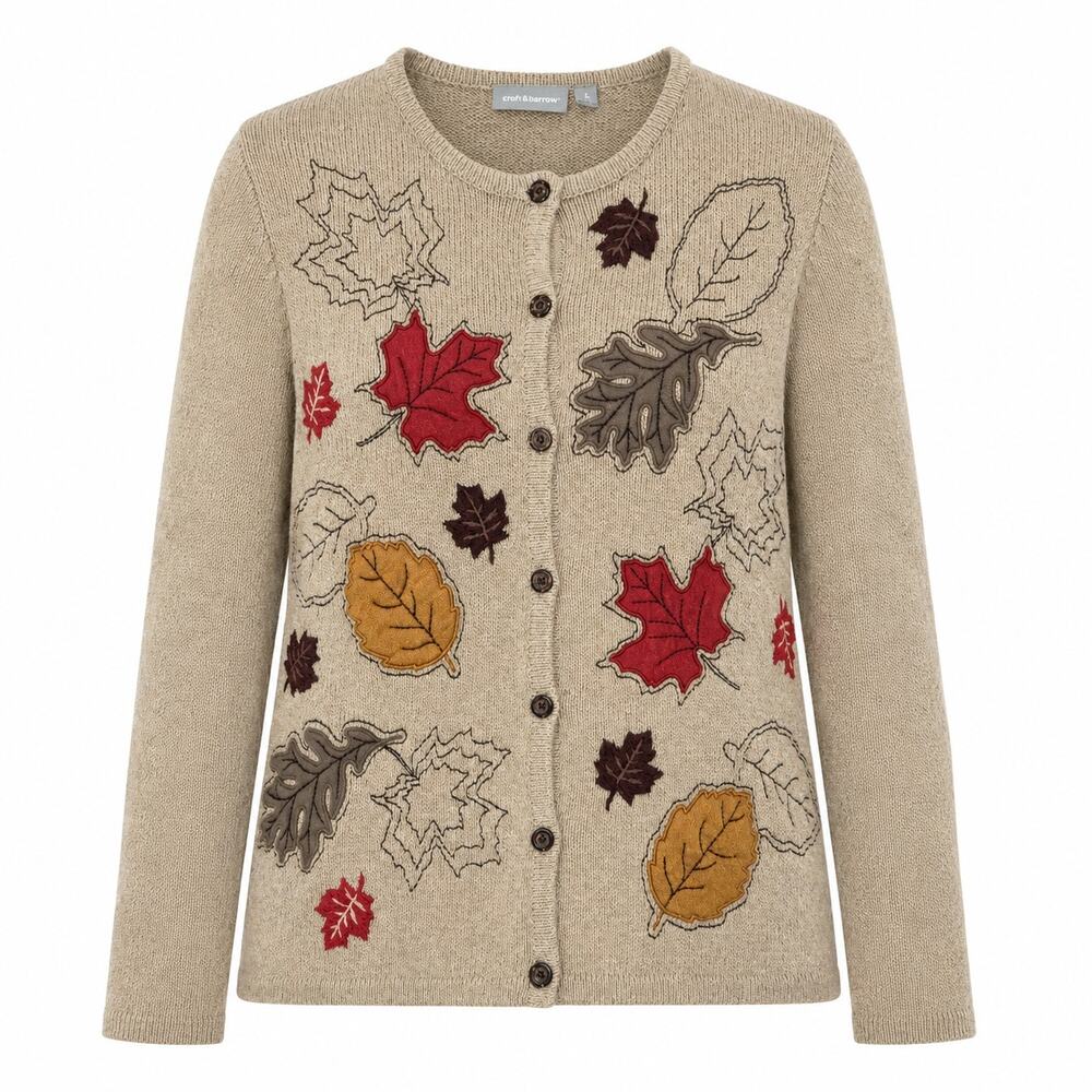 Vintage Y2K Croft & Barrow Leaf Appliqué Cardigan Sweater Small Cottagecore